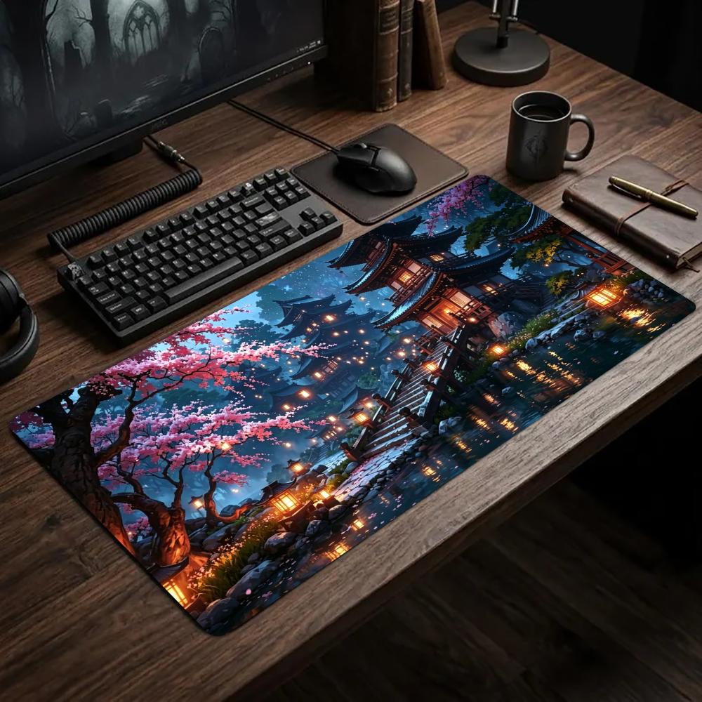 Desk View Setup - Night View Pavilions Cherry Blossoms Mouse