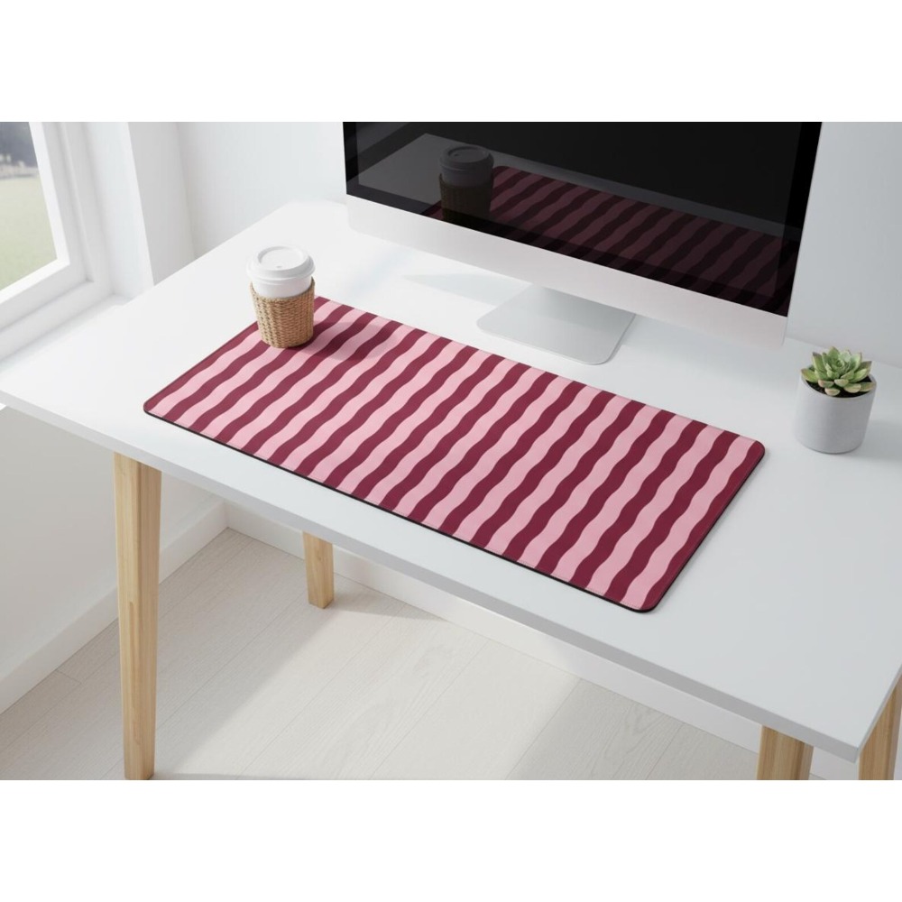 Yellow Desk Setup - Pink Burgundy Wavy Lines Desk Mat,