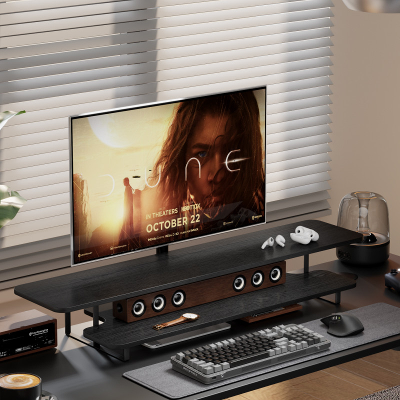 Walnut Finish Monitor Stand Ri - đánh giá và giá Desk Setup Monitor And Laptop