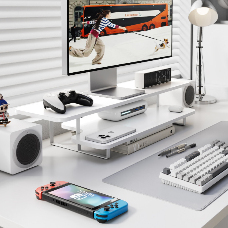 Walnut Finish Monitor Stand Ri - đánh giá và giá Desk Setup Monitor And Laptop