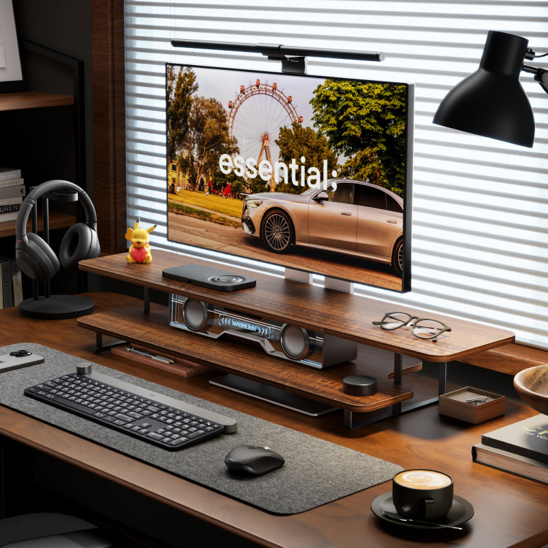 Walnut Finish Monitor Stand Ri - đánh giá và giá Desk Setup Monitor And Laptop