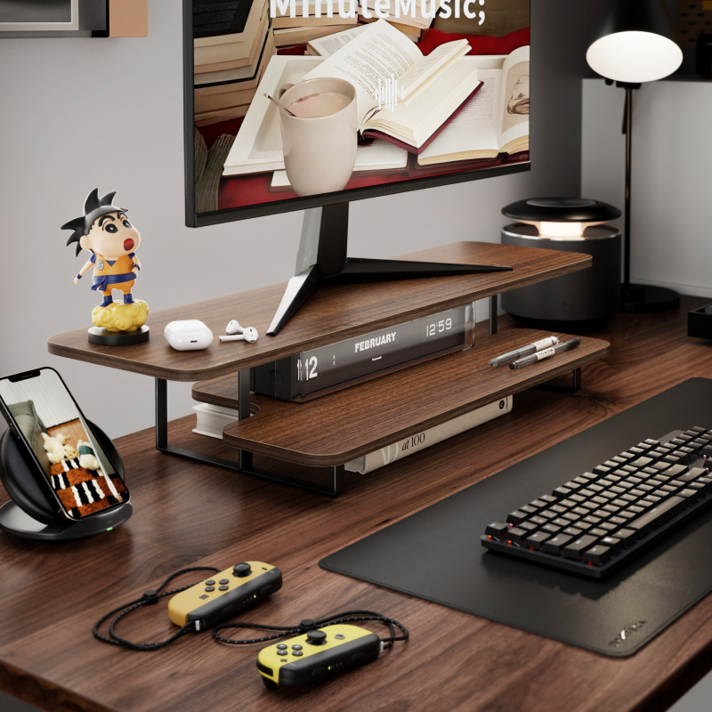 Walnut Finish Monitor Stand Ri - đánh giá và giá Desk Setup Monitor And Laptop