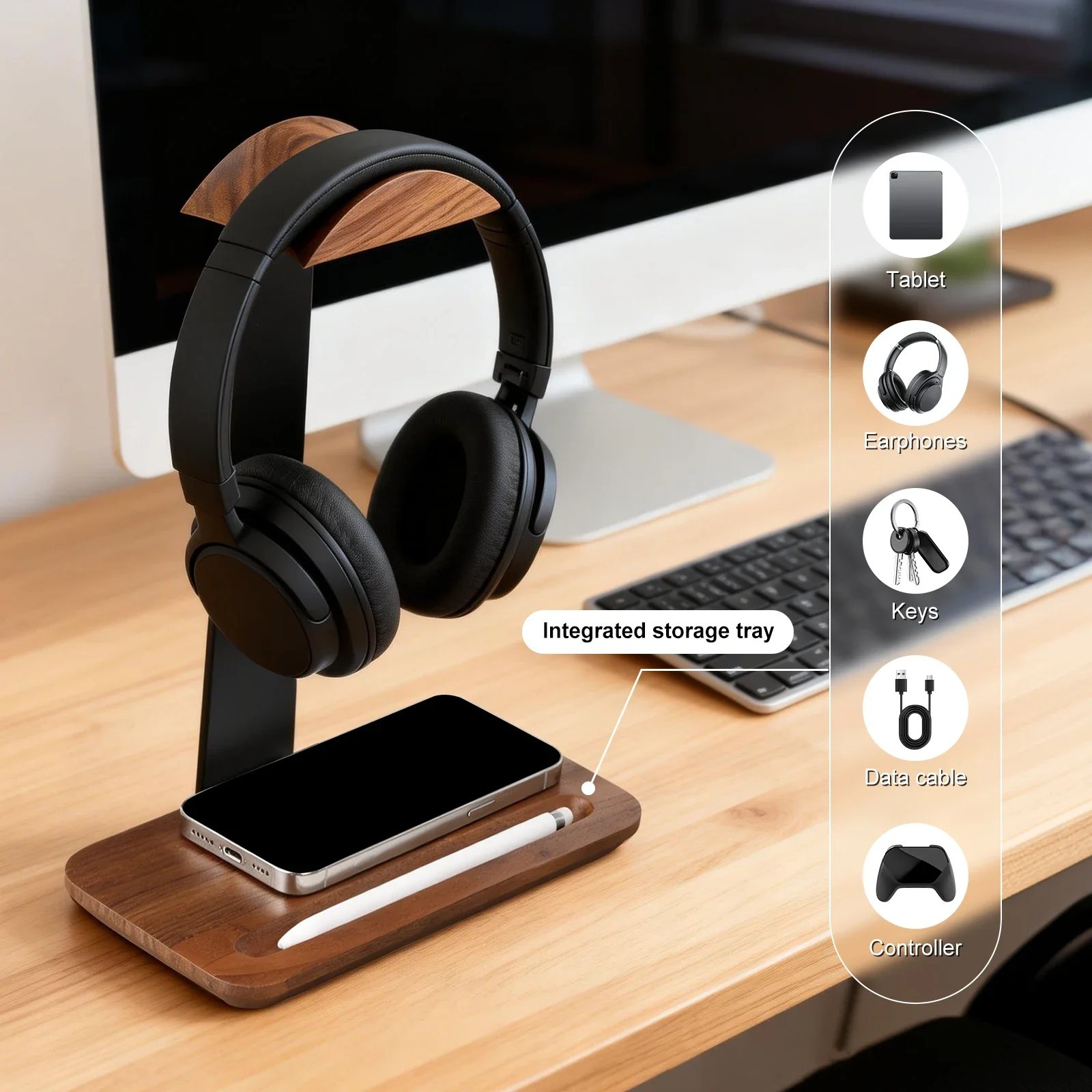Universal Wood Headphone Stand - đánh giá và giá Desk Setup Organization
